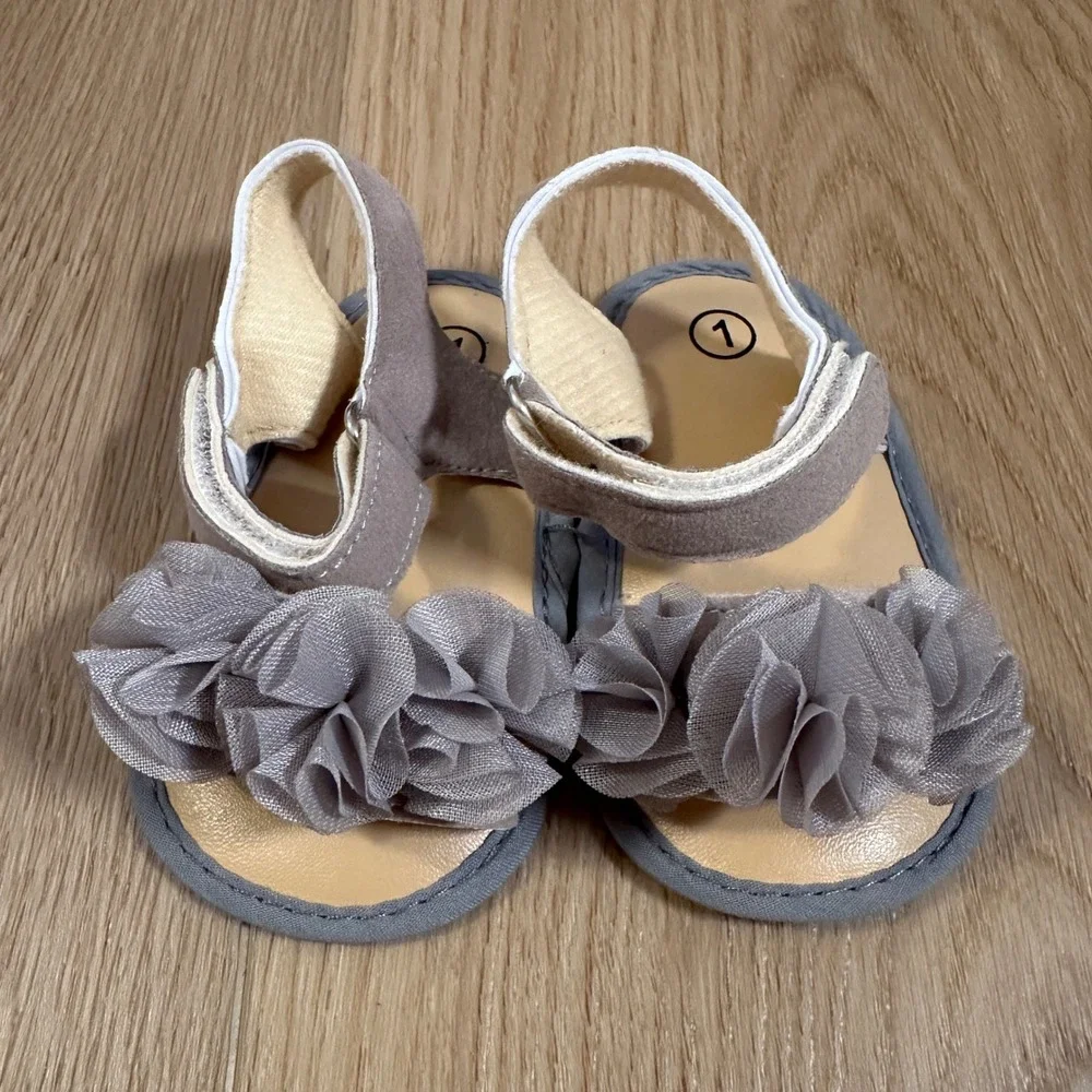 Baby Girl Chiffon Flower Ruffle Sandals Soft Sole Crib Shoes Mauve Grey Size 1